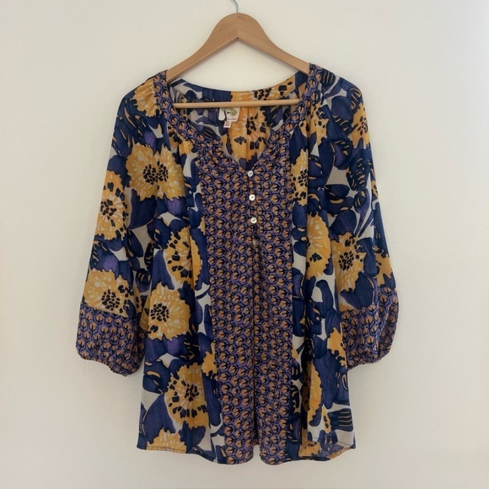 Floral Button-Front Women’s Blouse in Navy and Mustard